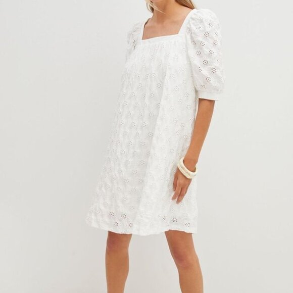 White Eyelet Mini Dress with Puff Sleeves - Size S - Maeve Anthropologie - Picture 1 of 8